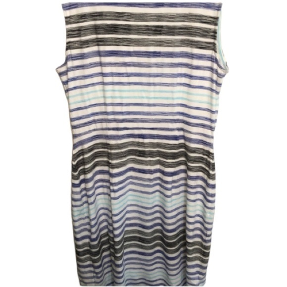 Ann Taylor large shades of blue striped mock wrap dress runs large - Picture 4 of 12
